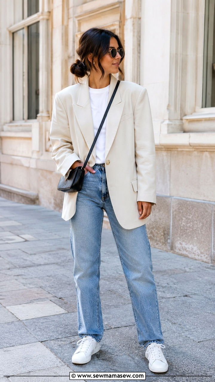 Oversized Blazer With White Tee and Jeans - 30 Minimalist travel outfits