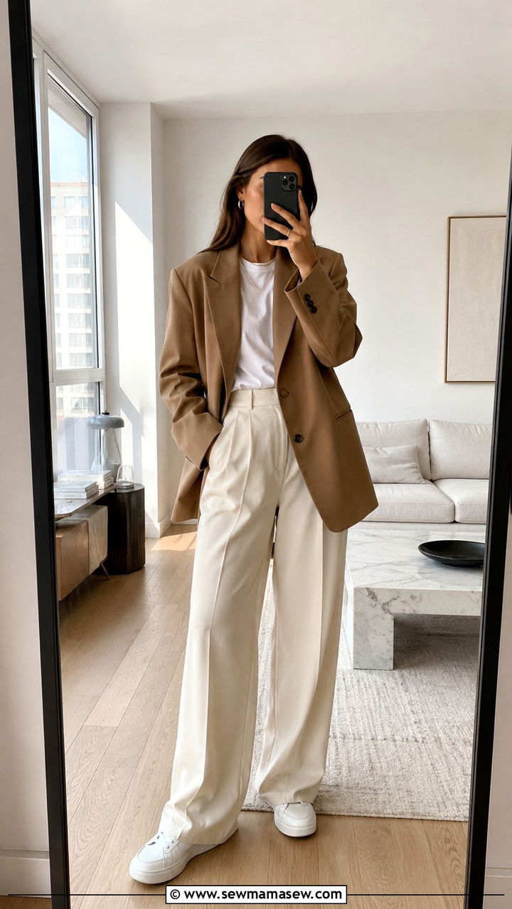Oversized Blazer With White Tee and Relaxed Trousers - 30 casual preppy outfits