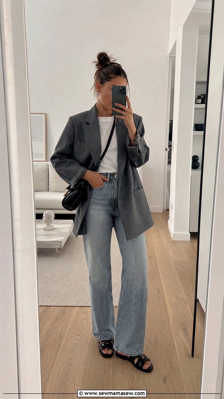 Oversized Blazer With White Tee and Wide Leg Jeans Messy Bun - 25 French girl outfit ideas with messy bun