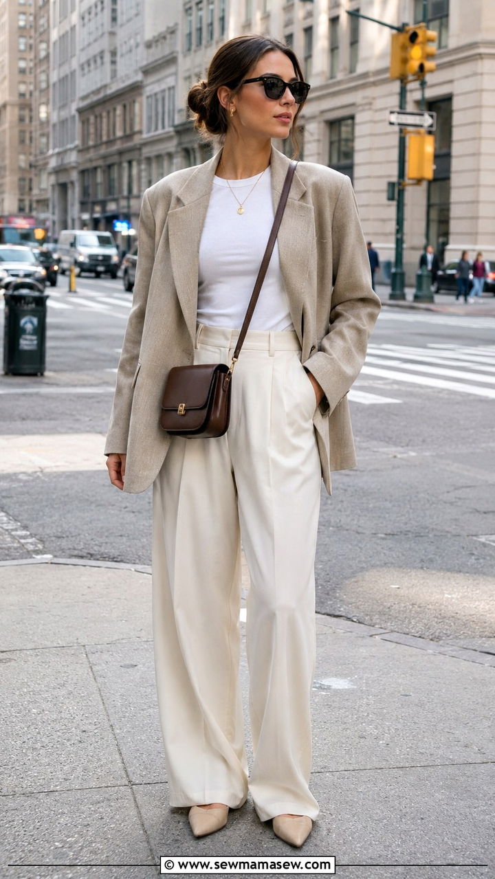 Oversized Blazer With White Tee and Wide Leg Pants - 30 transitional casual outfit ideas