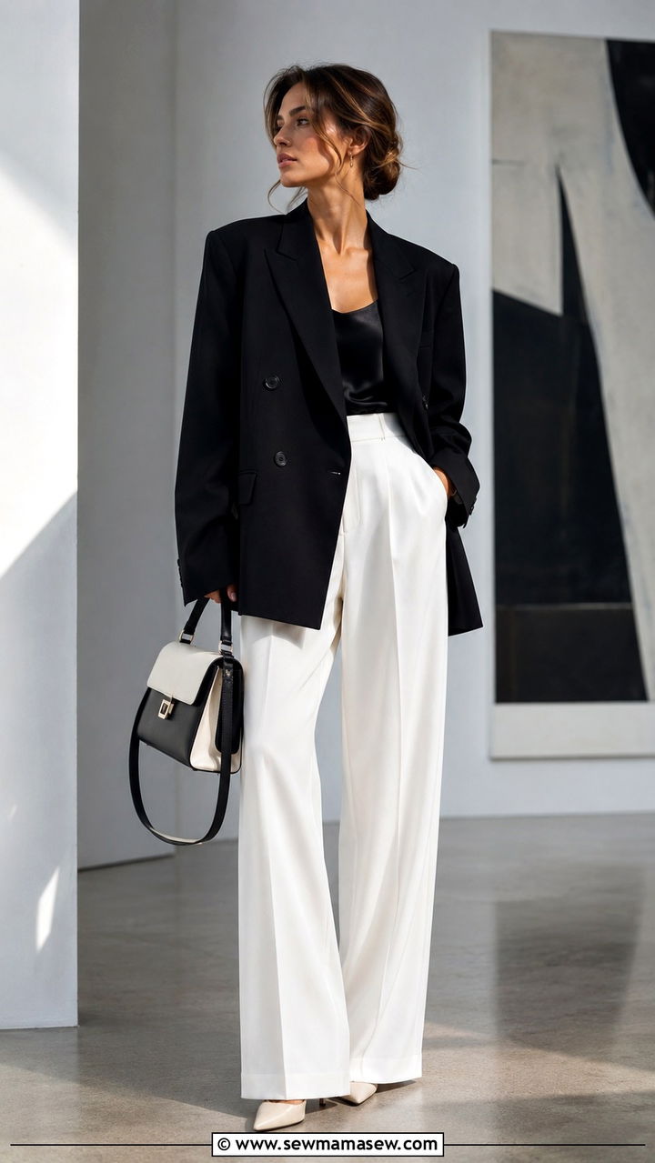 Oversized Blazer With White Wide Leg Trousers - 30 Oversized blazer outfit ideas for work