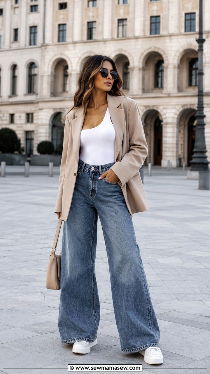 Oversized Blazer With Wide Leg Jeans And Sneakers - 30 Oversized blazer outfit ideas with sneakers