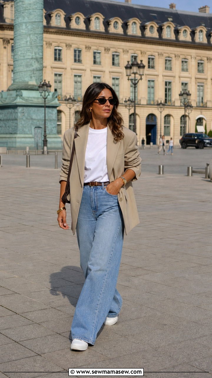 Oversized Blazer With Wide Leg Jeans and a White Tee - 40 Paris outfit ideas