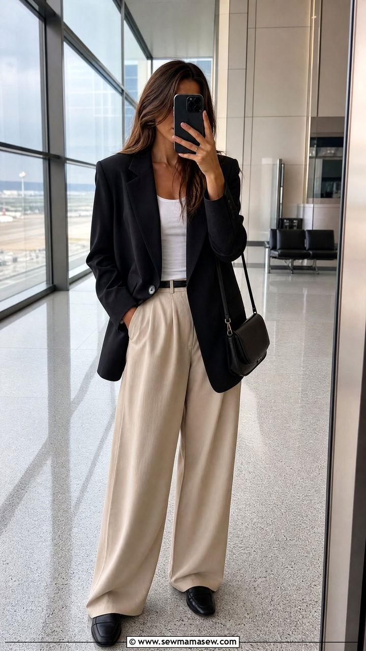 Oversized Blazer With Wide Leg Pants Travel Outfit - 30 modest airport outfit ideas