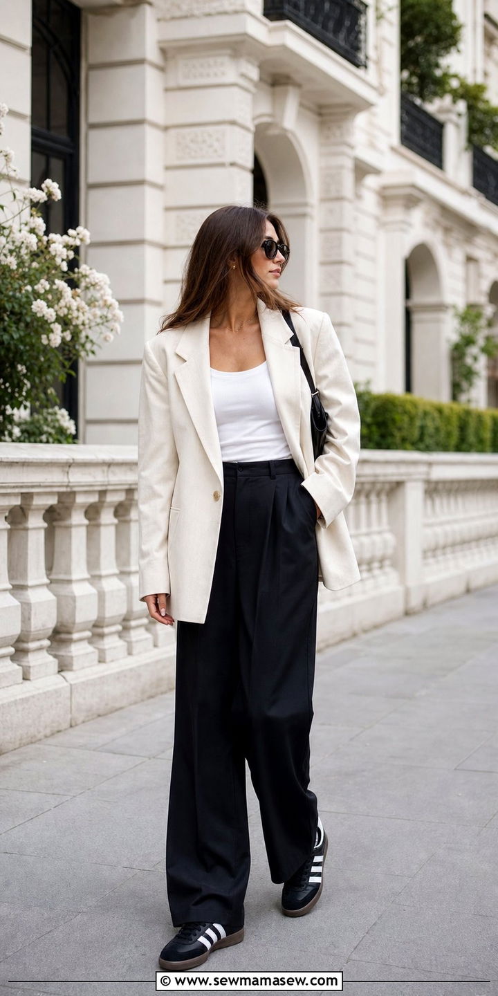 Oversized Blazer With Wide Leg Trousers And Black Sambas - 25 spring outfits with adidas sambas