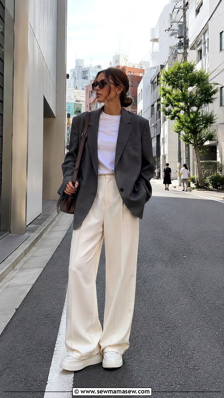 Oversized Blazer With Wide Leg Trousers And Platform Sneakers - 30 Tokyo vacation outfit ideas