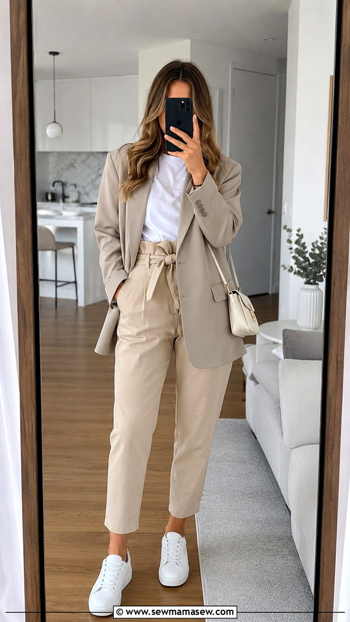 Oversized Blazer With a Tucked Tee and Paperbag Waist Pants Outfit - 25 Outfits to hide muffin top
