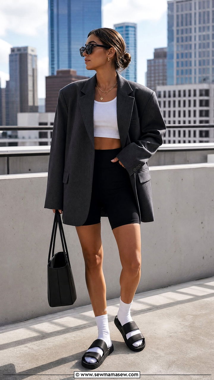 Oversized Blazer and Bike Shorts Outfit - 30 streetwear outfits inspo