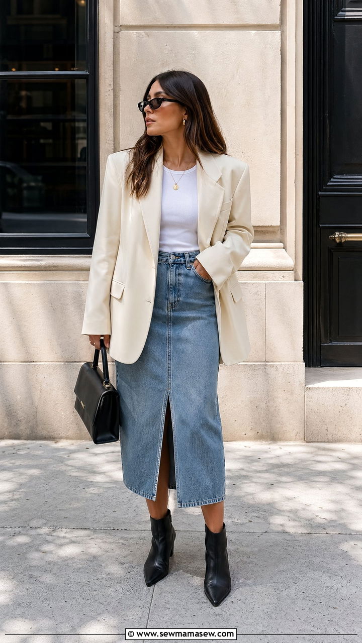 Oversized Blazer and Denim Skirt Outfit - 35 denim skirt outfit ideas for women