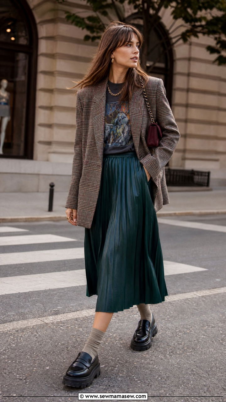 Oversized Blazer and Graphic Tee with Pleated Skirt Outfit - 35 maximalist outfits