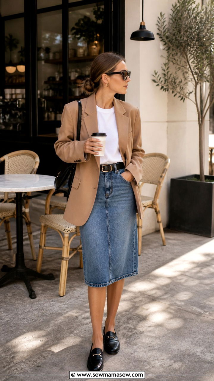 Oversized Blazer and Loafers with Denim Knee Length Skirt - 40 denim skirt outfits