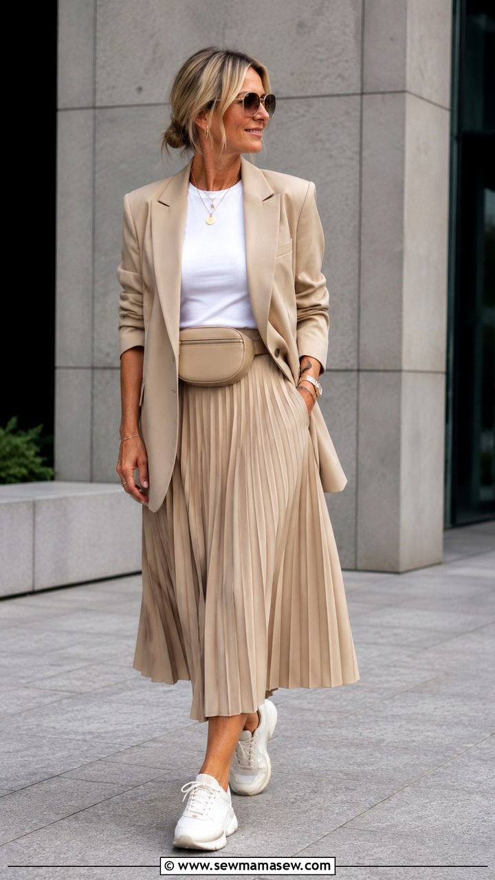 Oversized Blazer and Pleated Skirt - 25 pleated skirt outfits for women over 40