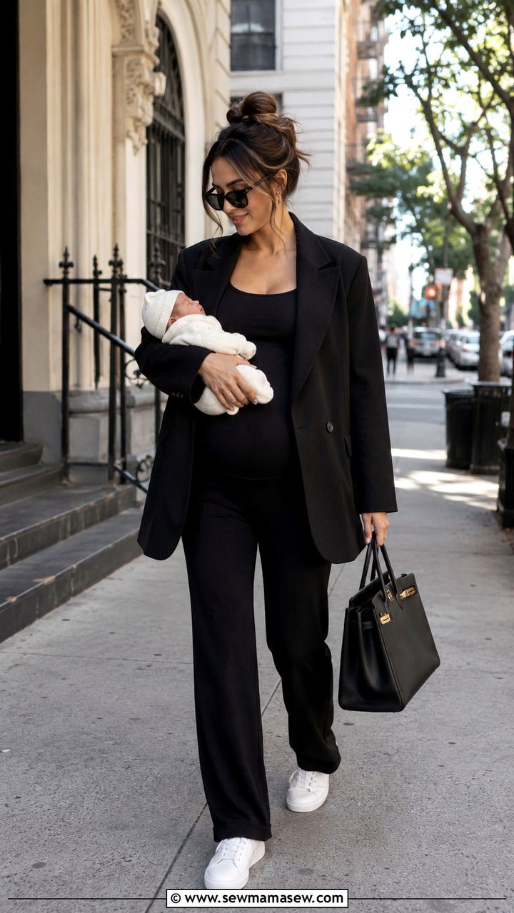 Oversized Blazer and Stretchy Trousers - 20 Maternity outfit ideas come home outfit