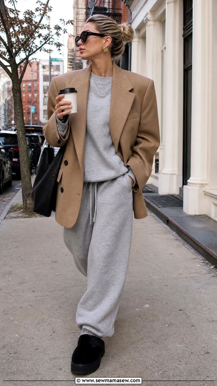 Oversized Blazer and Sweats with Fuzzy Slippers - 30 Fuzzy slippers outfit ideas