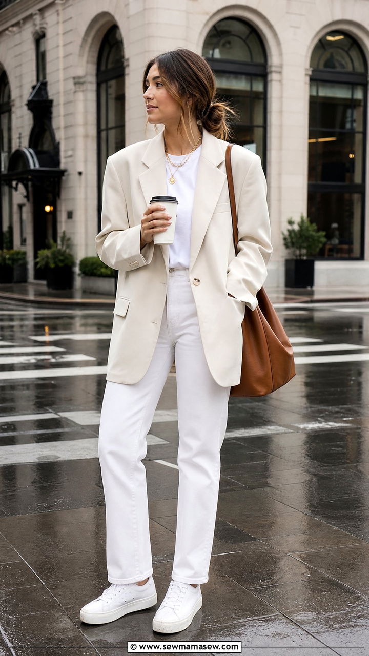 Oversized Blazer and White Jeans Spring Rain Outfit - 25 Spring rain outfit ideas