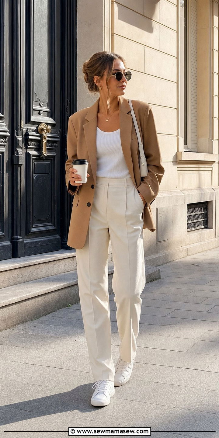 Oversized Blazer and White Tank Travel Outfit - 25 Clean girl travel outfit ideas