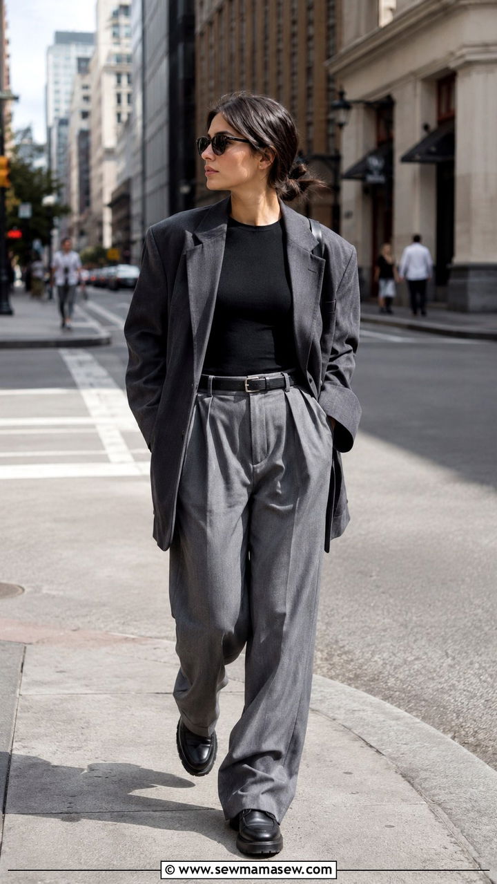Oversized Blazer and Wide Leg Trousers Loafers Petite - 25 Petite outfit ideas with wide leg pants