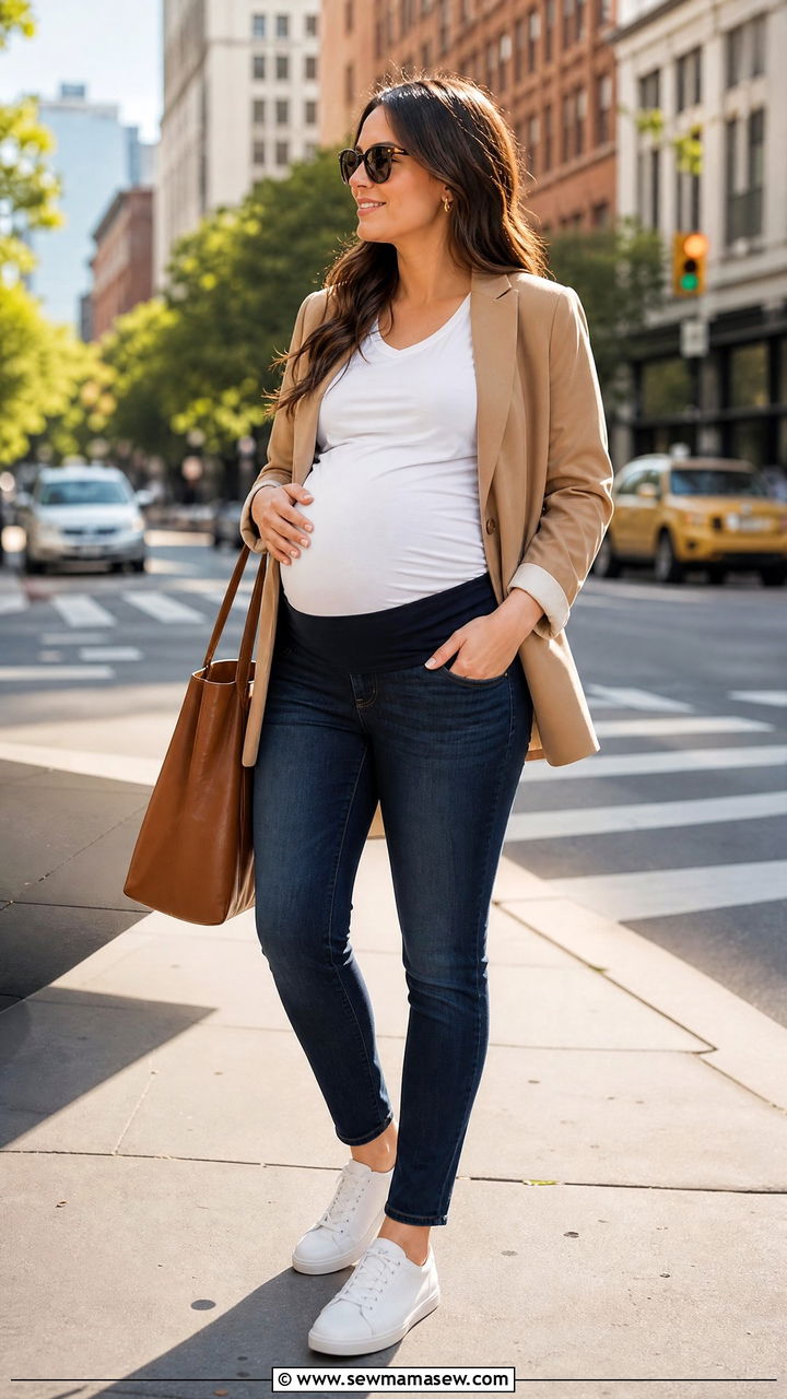 Oversized Blazer over Maternity Tee and Jeans - 30 Maternity work outfit ideas