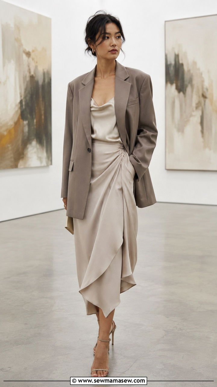 Oversized Blazer with Asymmetrical Midi Skirt Outfit - 30 Oversized blazer outfit ideas with a skirt