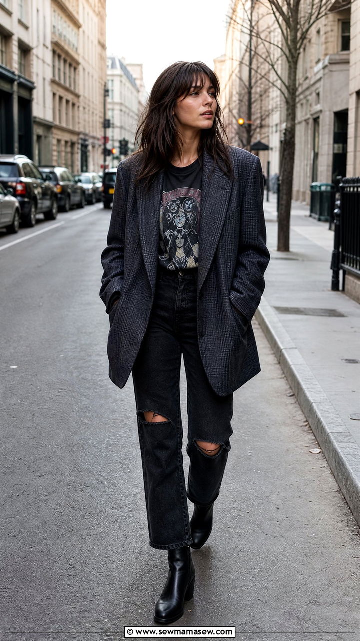 Oversized Blazer with Band Tee and Ripped Jeans - 35 grunge outfit ideas for women