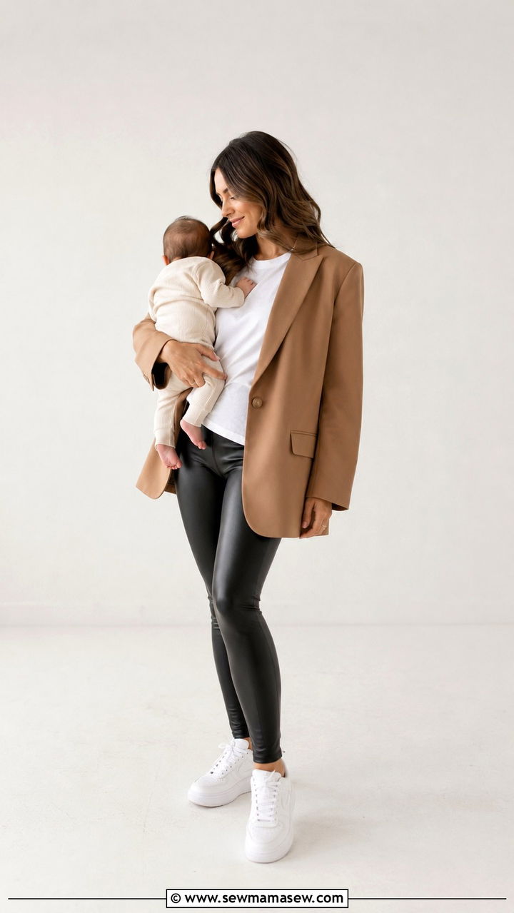 Oversized Blazer with Basic Tee and Faux Leather Leggings - 20 Postpartum outfit ideas for photos