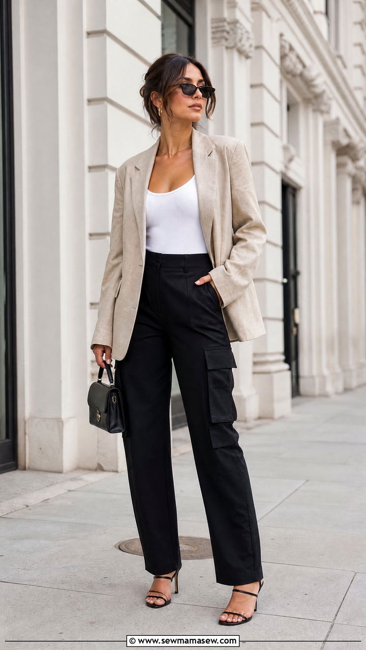 Oversized Blazer with Black Cargo Pants and Heeled Sandals - 30 summer cargo pants outfit ideas