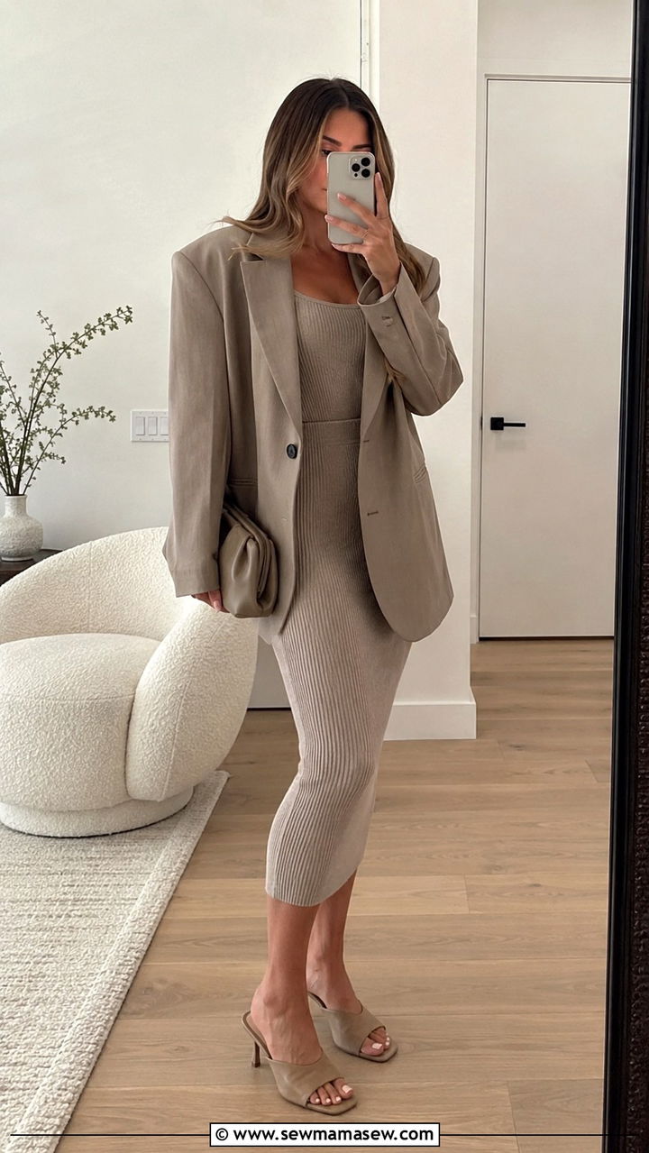 Oversized Blazer with Bodycon Midi Skirt Outfit - 30 Oversized blazer outfit ideas with a skirt