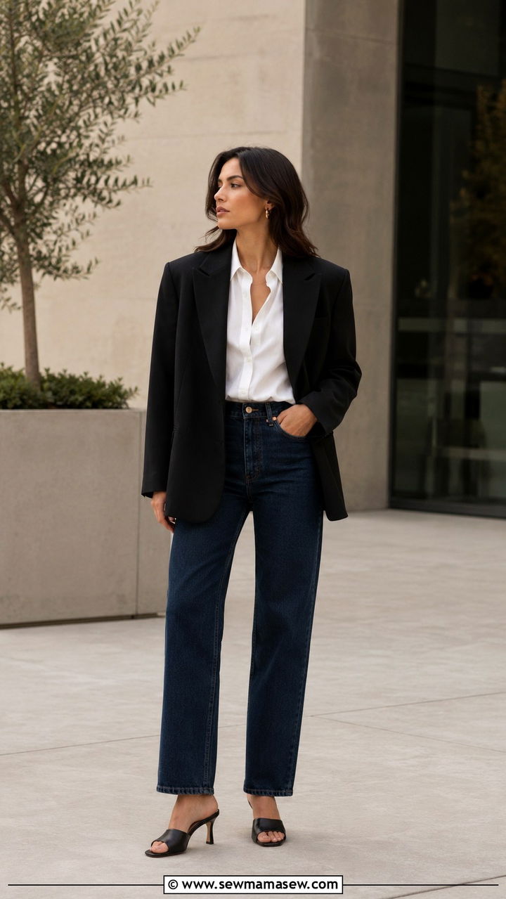 Oversized Blazer with Button Down Shirt and Straight Leg Jeans - 30 Oversized blazer outfit ideas with jeans
