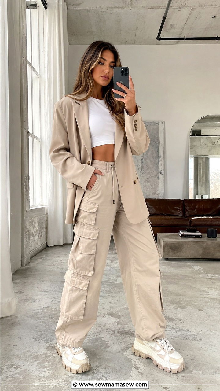 Oversized Blazer with Cargo Pants and a Crop Top - 30 how to style oversized blazer