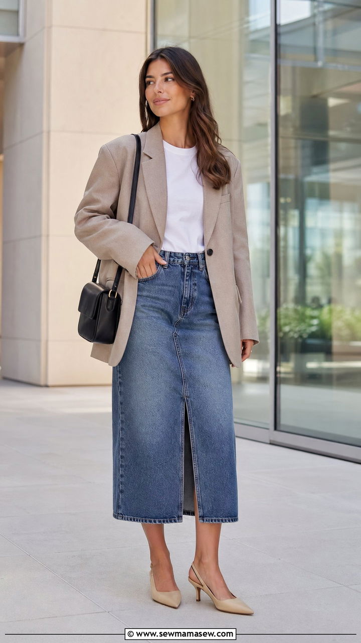 Oversized Blazer with Denim Midi Skirt and Pumps - 35 denim skirt outfits inspo