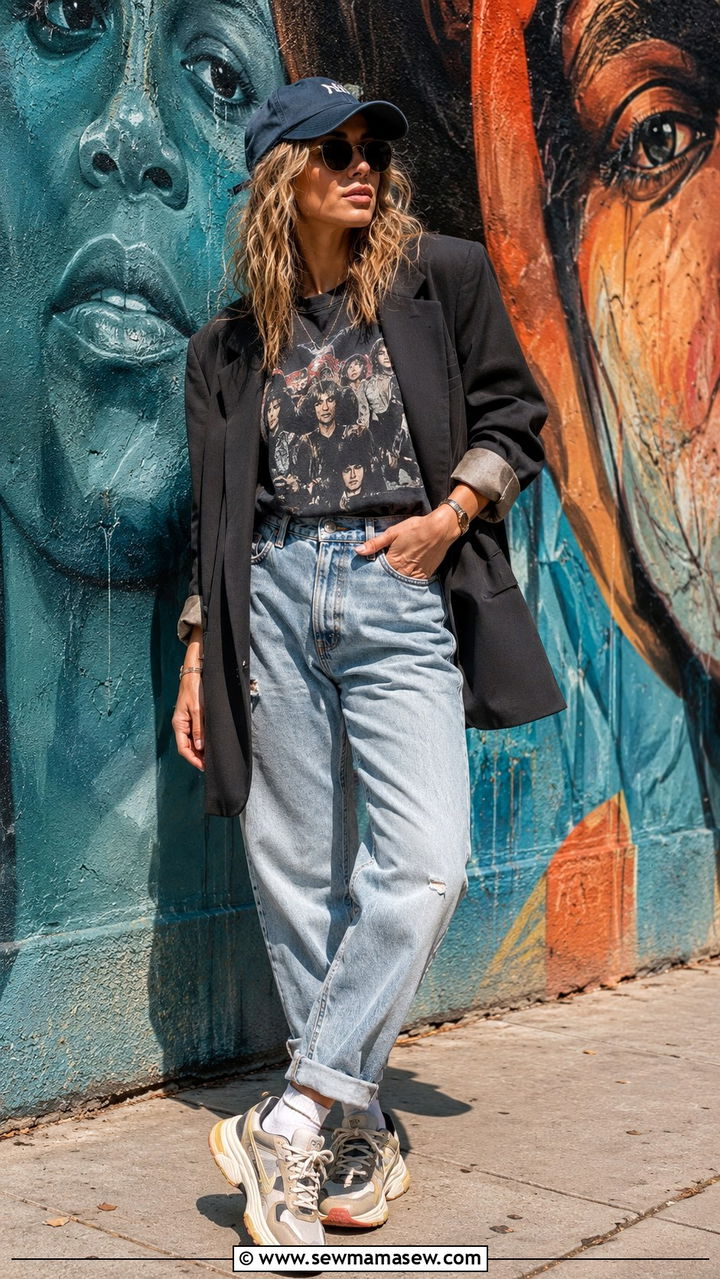 Oversized Blazer with Graphic Tee and Boyfriend Jeans - 30 Oversized blazer outfit ideas with jeans