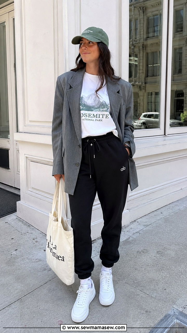 Oversized Blazer with Graphic Tee and Joggers Outfit - 30 transitional blazer outfit ideas