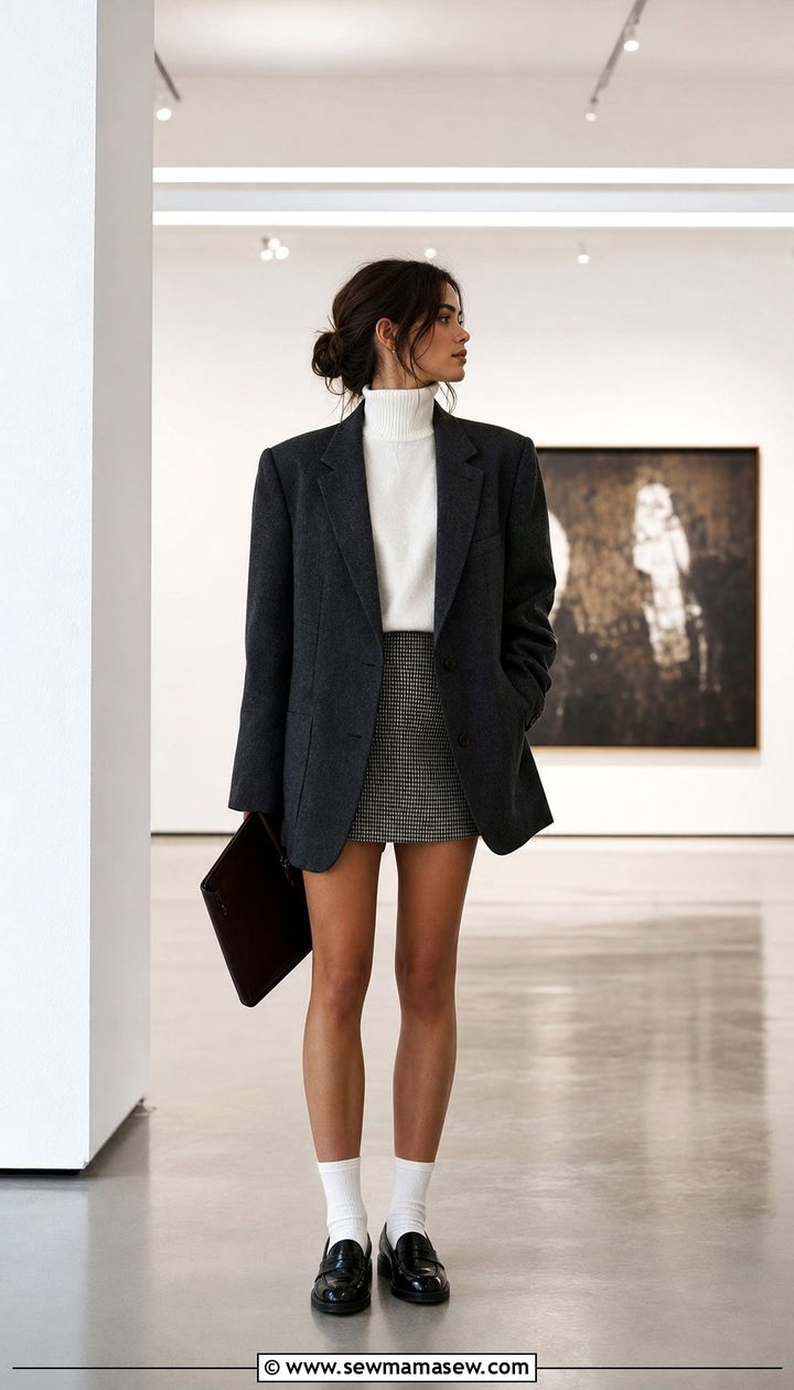 Oversized Blazer with Houndstooth Mini Skirt and White Socks - 25 cute dark academia outfits