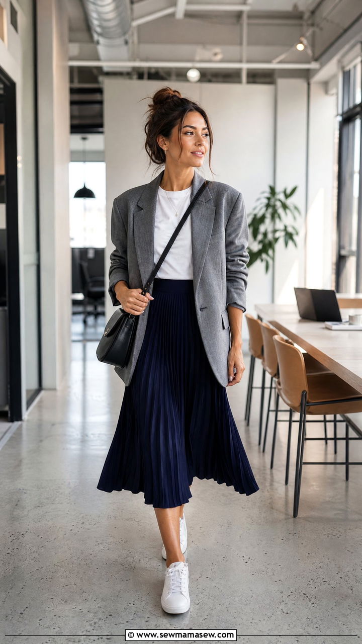 Oversized Blazer with Pleated Midi Skirt and Sneakers - 25 How to style a midi skirt for work