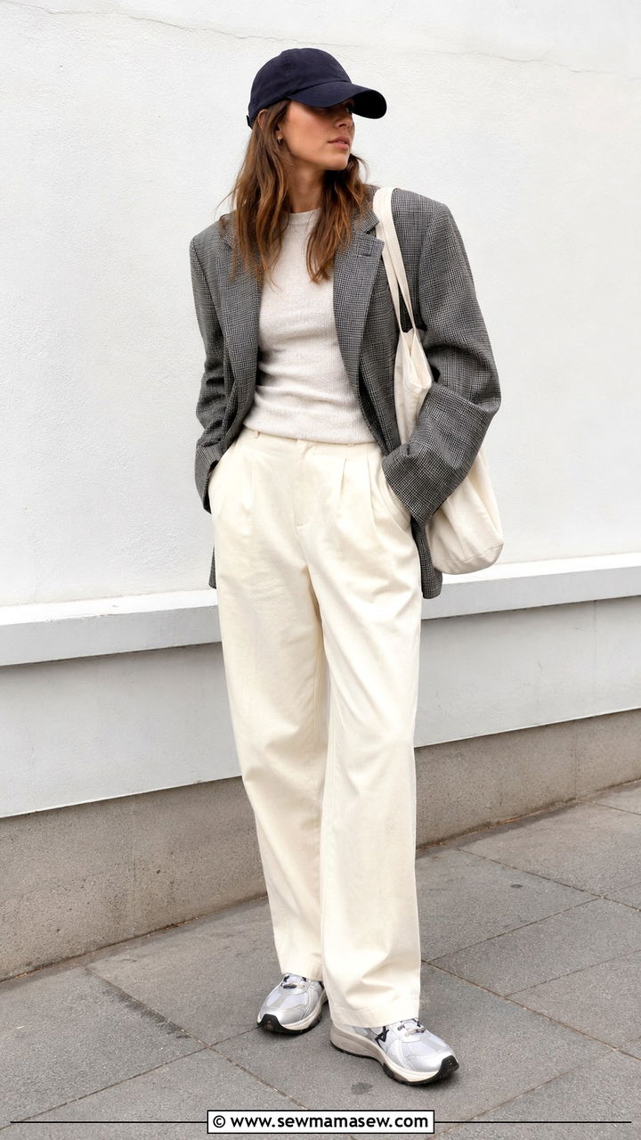 Oversized Blazer with Relaxed Trousers and Retro Sneakers - 30 transitional rainy day outfit ideas