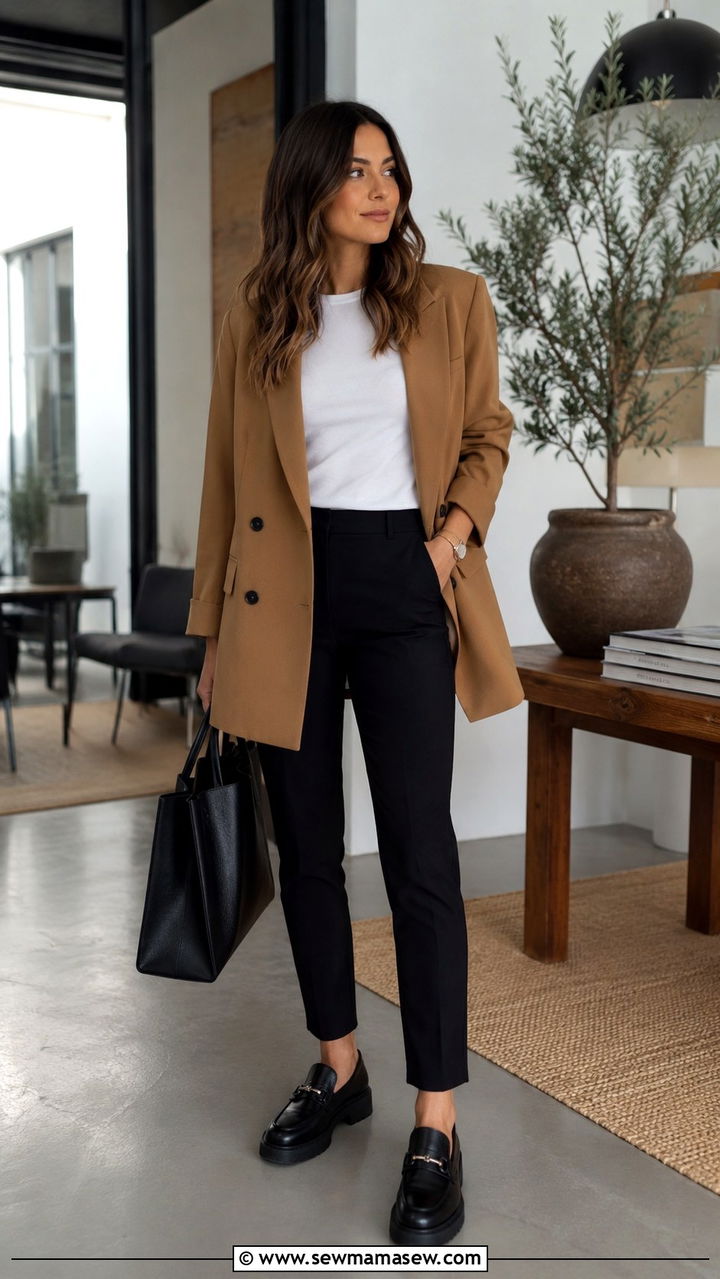 Oversized Blazer with Slim Fit Trousers and Loafers - 30 Modest outfit ideas for work