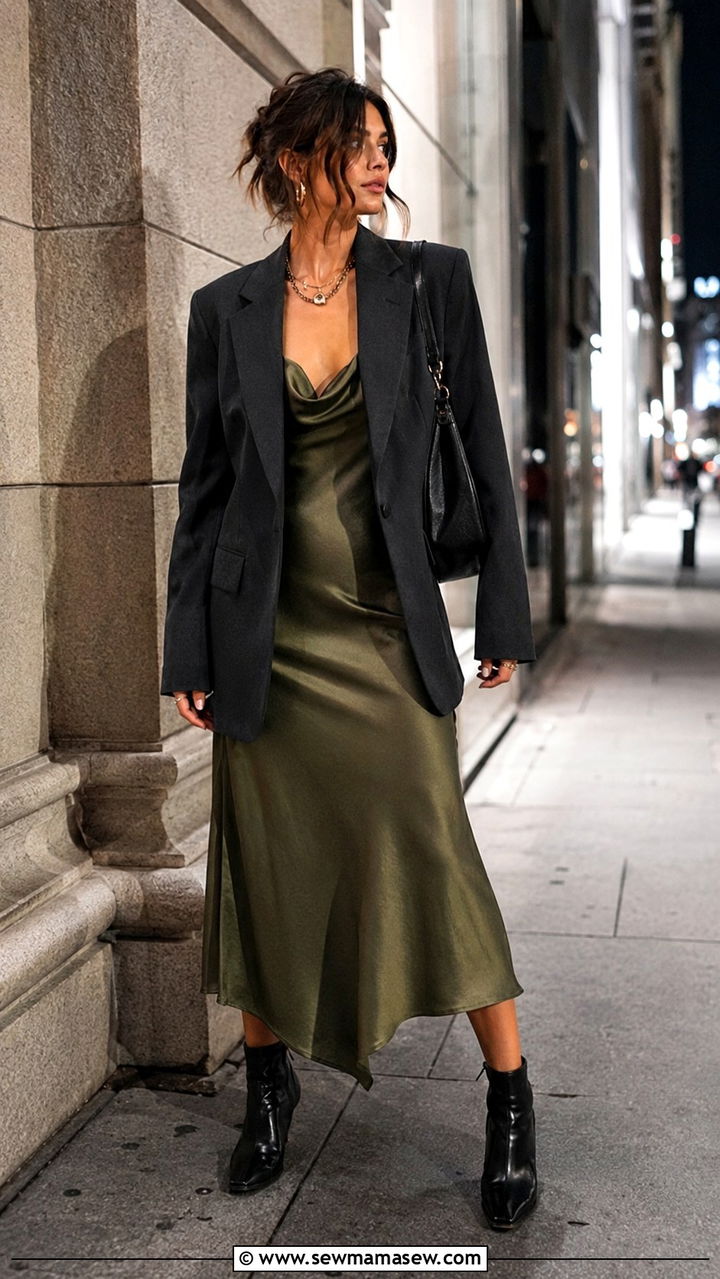 Oversized Blazer with Slip Dress and Ankle Boots - 30 spring capsule wardrobe outfit ideas
