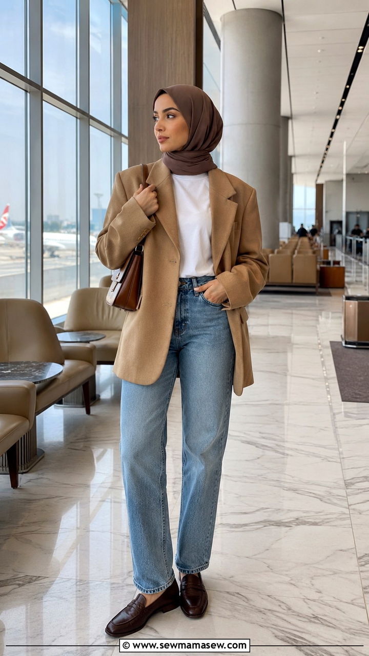 Oversized Blazer with Straight Leg Jeans and Loafers - 30 Modest outfit ideas for airport
