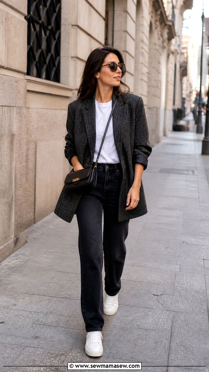 Oversized Blazer with Straight Leg Jeans and Sneakers - 40 office outfits ideas