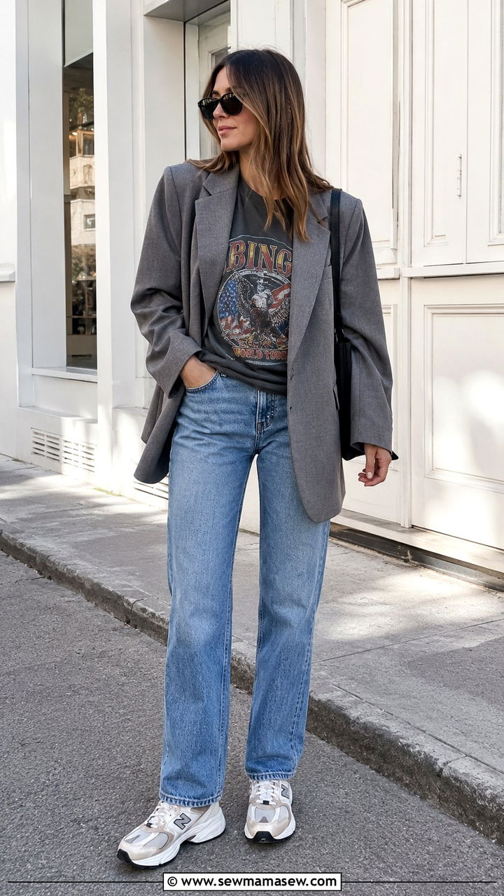 Oversized Blazer with Straight Leg Jeans and a Graphic Tee - 30 how to style oversized blazer