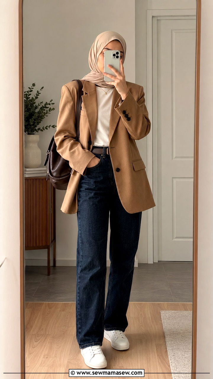 Oversized Blazer with Straight Leg Jeans for Casual Friday - 25 work outfits for hijab women