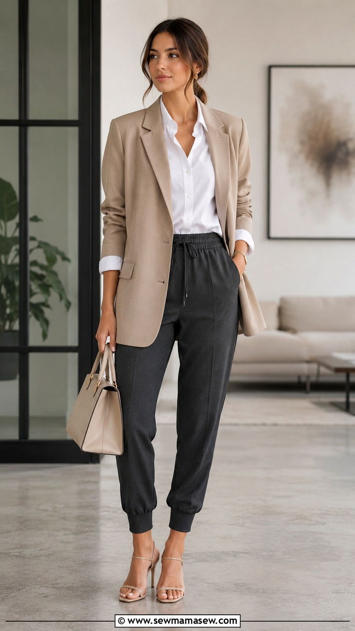 Oversized Blazer with Tailored Joggers and Heeled Sandals - 30 joggers outfit ideas for women