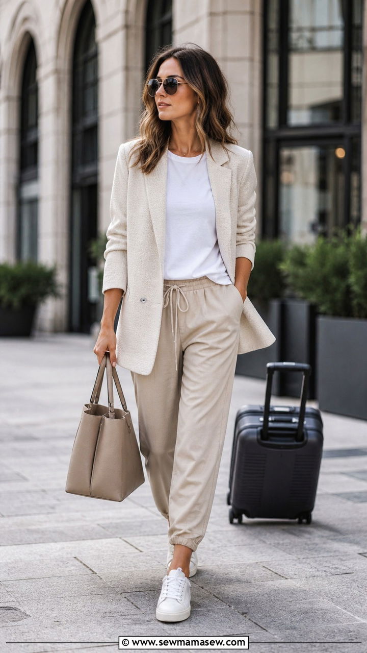 Oversized Blazer with Tee and Joggers - 40 Spring travel outfits