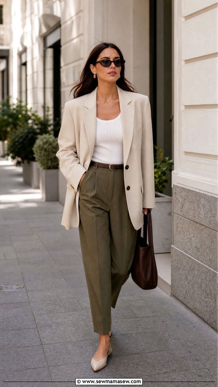 Oversized Blazer with White Tank and Tailored Trousers - 20 Spring outfits for 60 degree weather