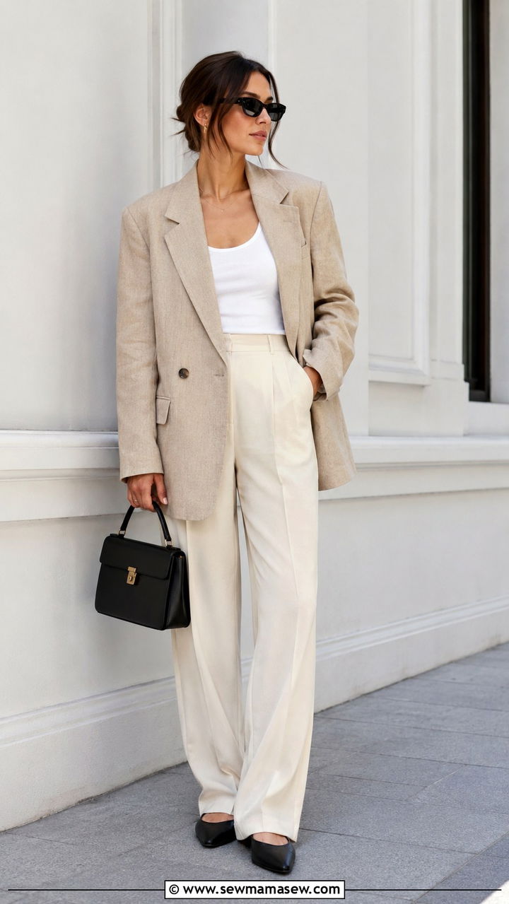 Oversized Blazer with White Tank and Trousers Outfit - 20 Spring outfits for 50-60 degree weather