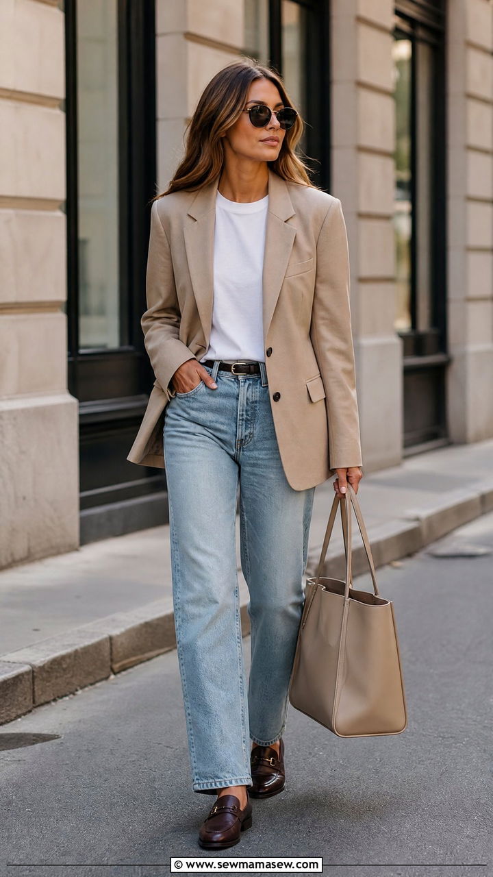 Oversized Blazer with White Tee and Straight Leg Jeans - 25 Late summer early fall outfits