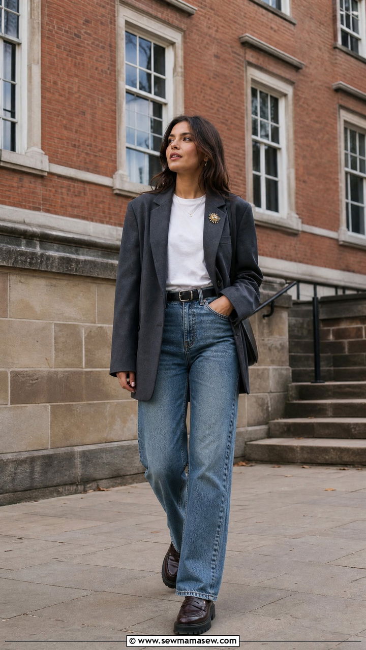 Oversized Blazer with White Tee and Straight Leg Jeans - 30 College campus outfit ideas 2026