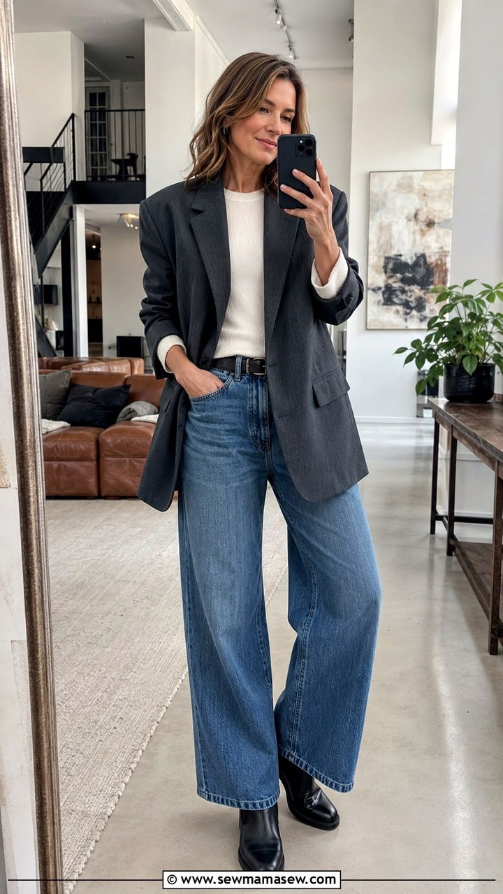 Oversized Blazer with Wide Leg Jeans - 25 blazer outfits for women over 40
