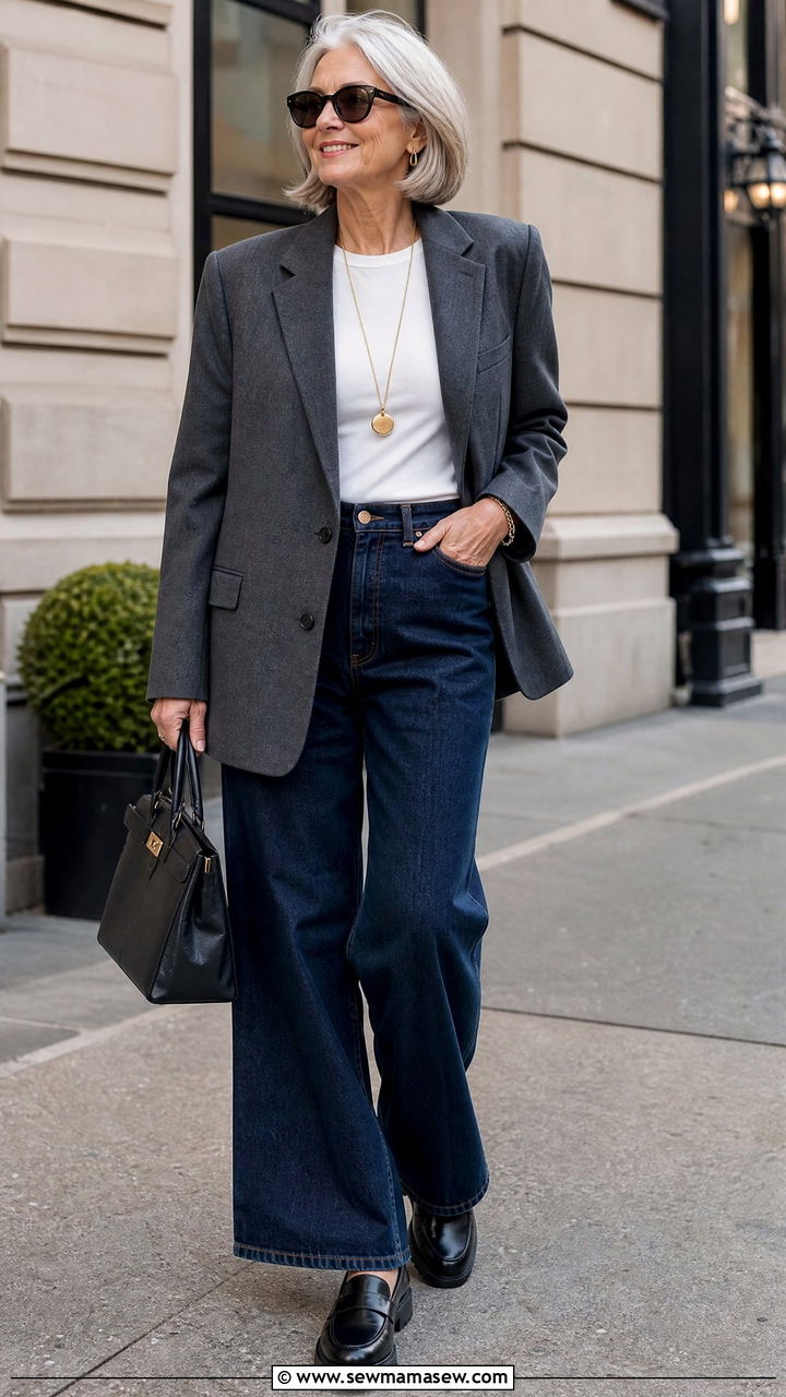 Oversized Blazer with Wide Leg Jeans and Loafers - 35 Jeans outfit ideas for women over 60
