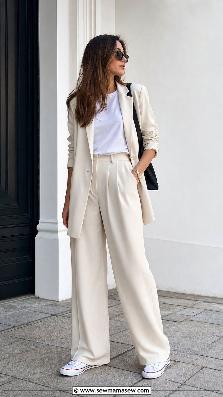 Oversized Blazer with Wide Leg Trousers and Clean Sneakers - 25 spring model off duty outfit ideas